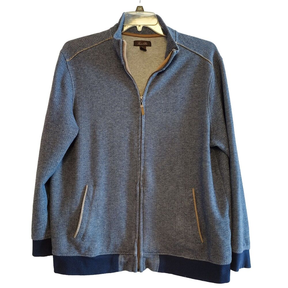 Tasso Elba Men's Blue Cotton Herringbone Zip Up Jacket Men's L Lightweight Soft